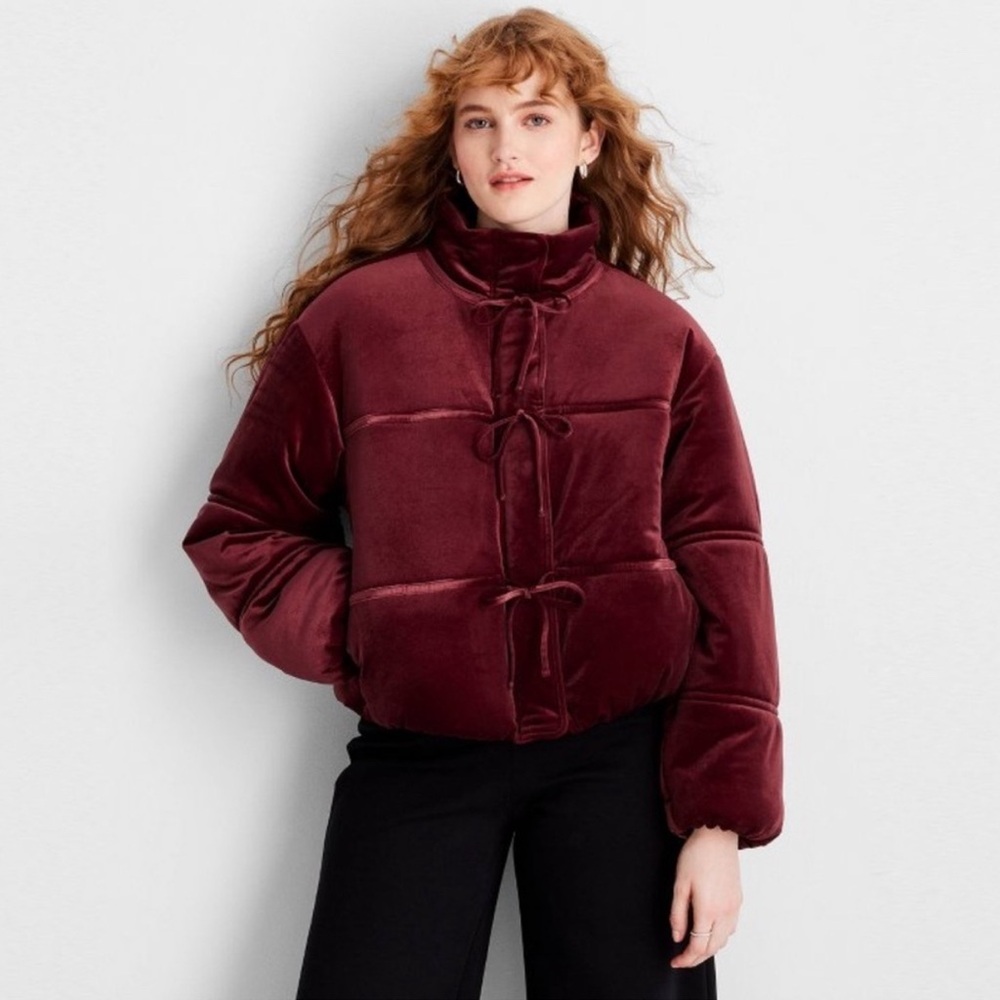 Woman’s Holiday Velvet Bow tie puffer jacket - Future Collective